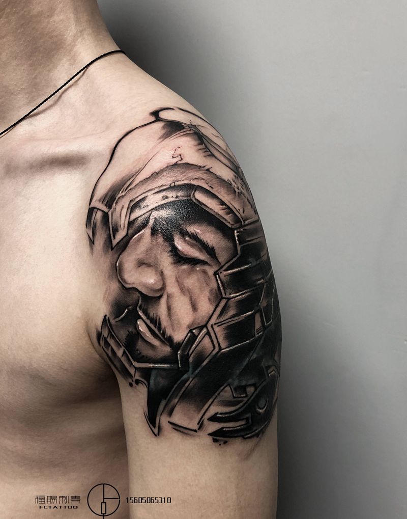 遮盖纹身图片_手臂欧美写实水墨钢铁侠纹身图案