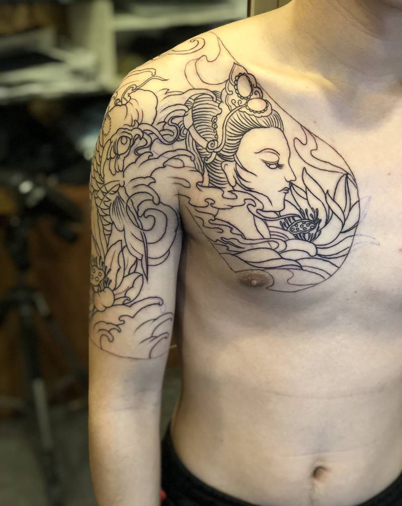 半胛（线条）纹身图片_肩部胸部新传统纹身图案