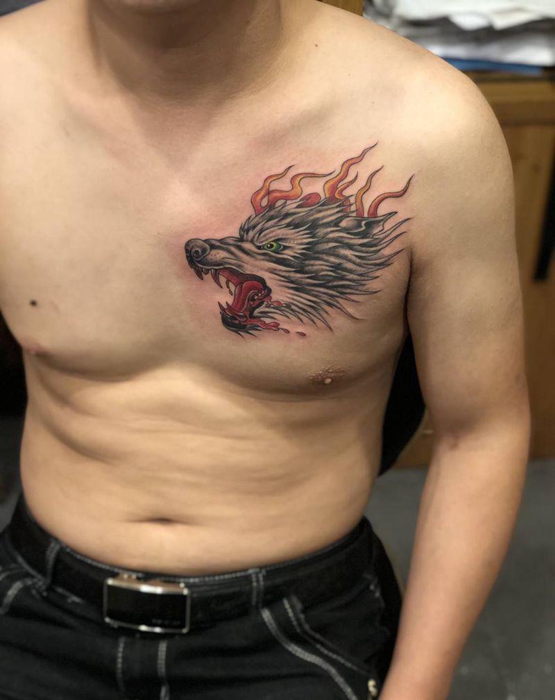 狼头纹身纹身图片_胸部新传统纹身图案