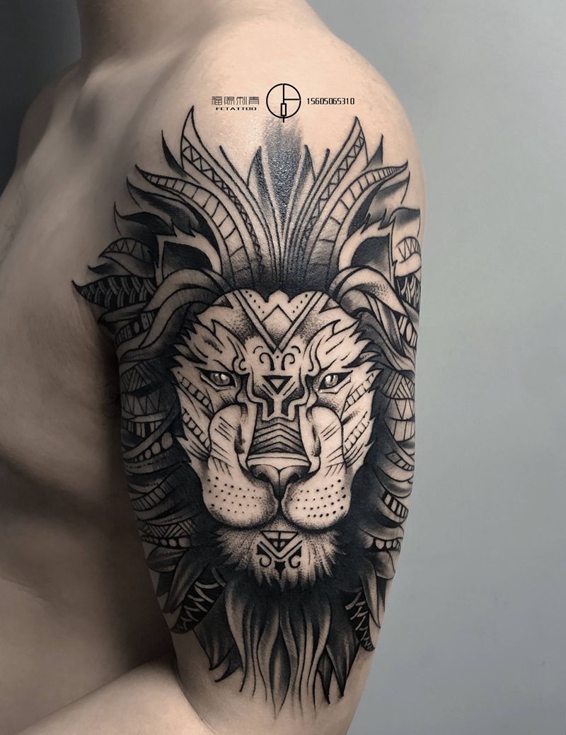狮子纹身图片_手臂图腾点刺纹身图案