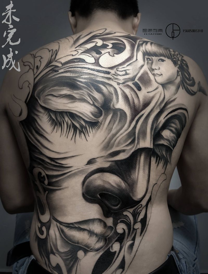满背未完成纹身图片_背部欧美写实纹身图案