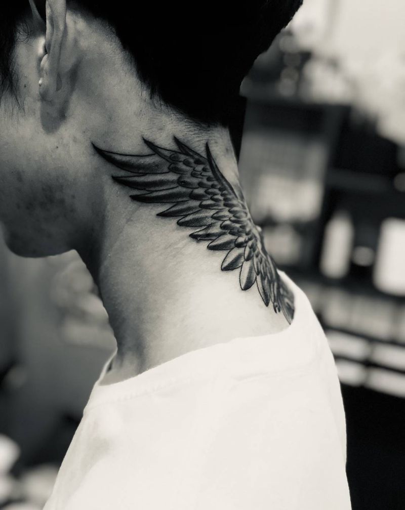 天使纹身纹身图片_颈部新传统纹身图案