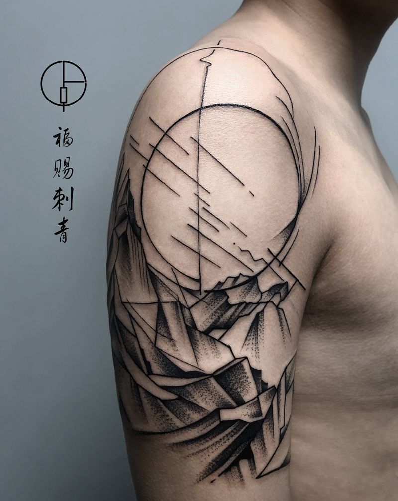 山脉纹身图片_手臂点刺几何纹身图案
