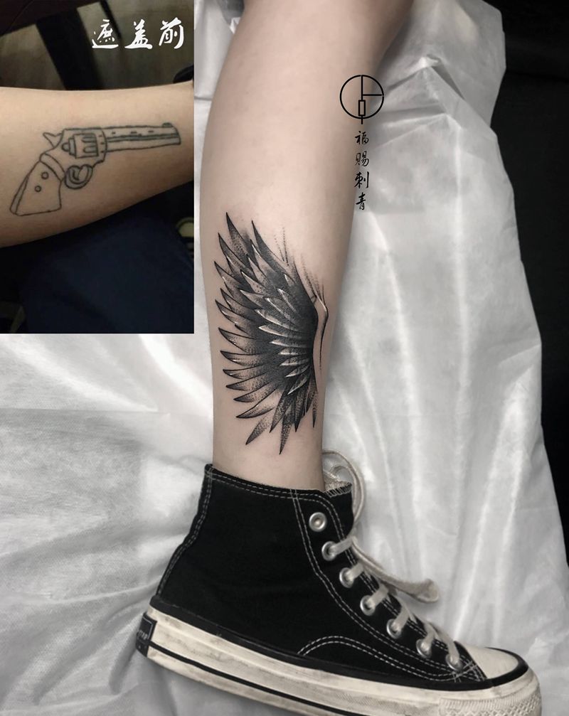 遮盖纹身图片_脚部腿部点刺几何纹身图案