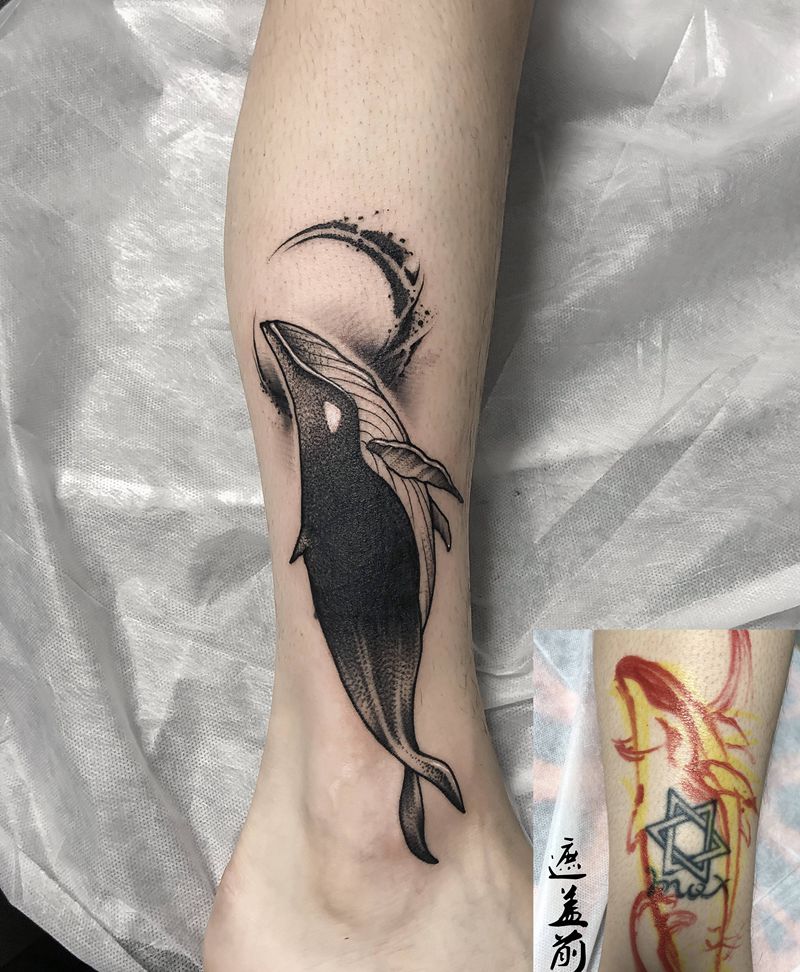 遮盖纹身图片_腿部点刺纹身图案