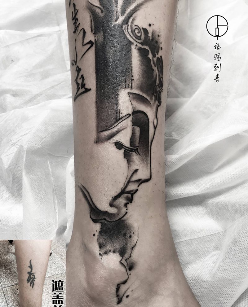 佛纹身图片_腿部脚部新传统水墨纹身图案