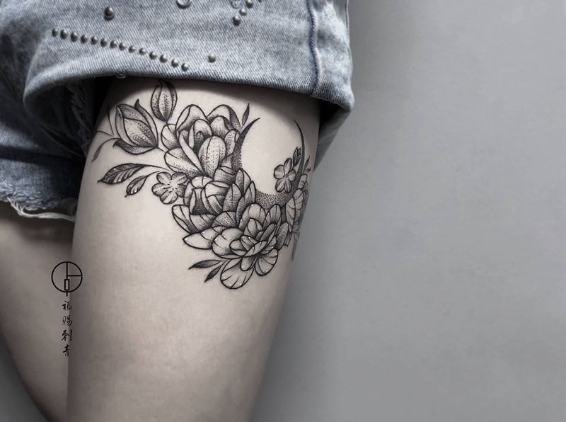 花卉纹身图片_腿部脚部点刺New School纹身图案