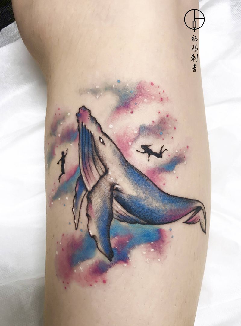 水彩鲸鱼纹身图片_脚部腿部水彩纹身图案