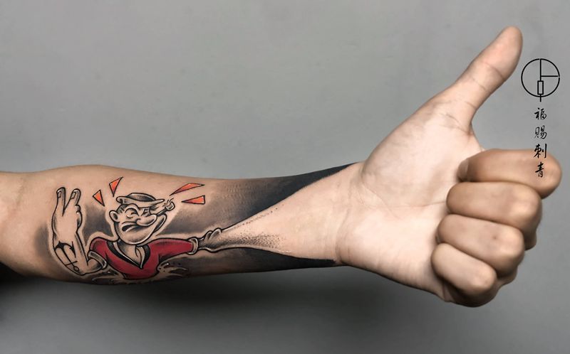 大力水手纹身图片_手臂手部New School点刺纹身图案