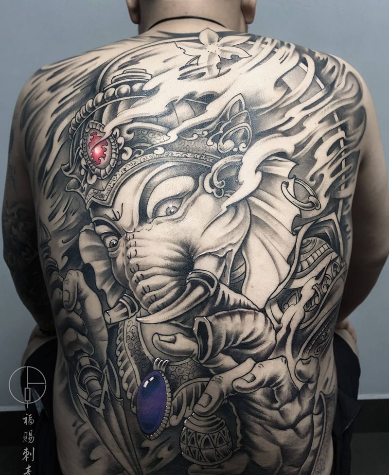 象神纹身图片_背部肩部新传统老传统纹身图案