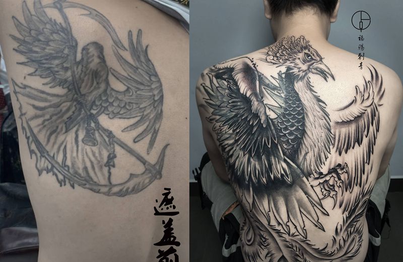 遮盖纹身图片_背部老传统新传统纹身图案