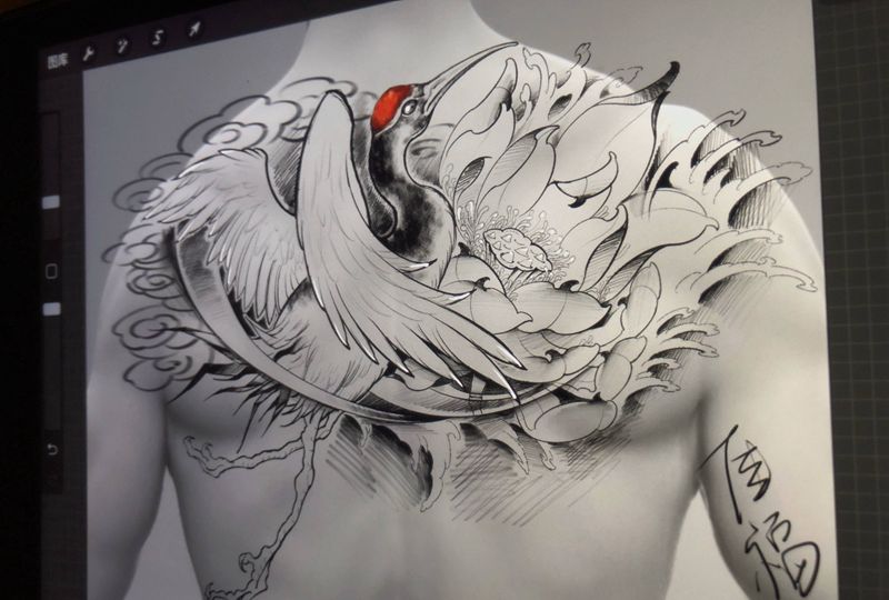 仙鹤纹身图片_背部胸部老传统新传统纹身图案