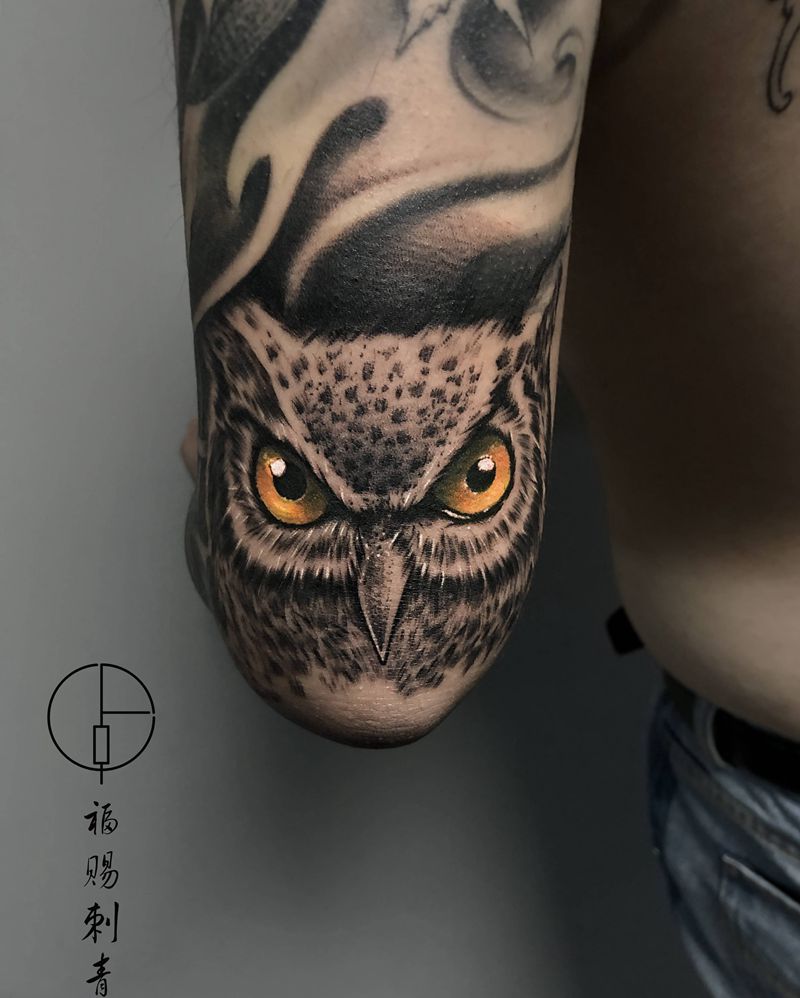 猫头鹰纹身图片_手臂手部欧美写实纹身图案