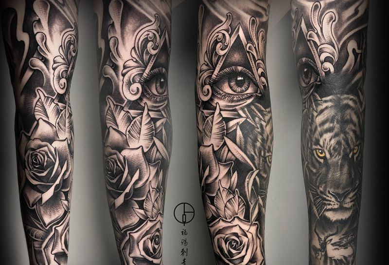 写实花臂纹身图片_手部手臂欧美写实几何纹身图案