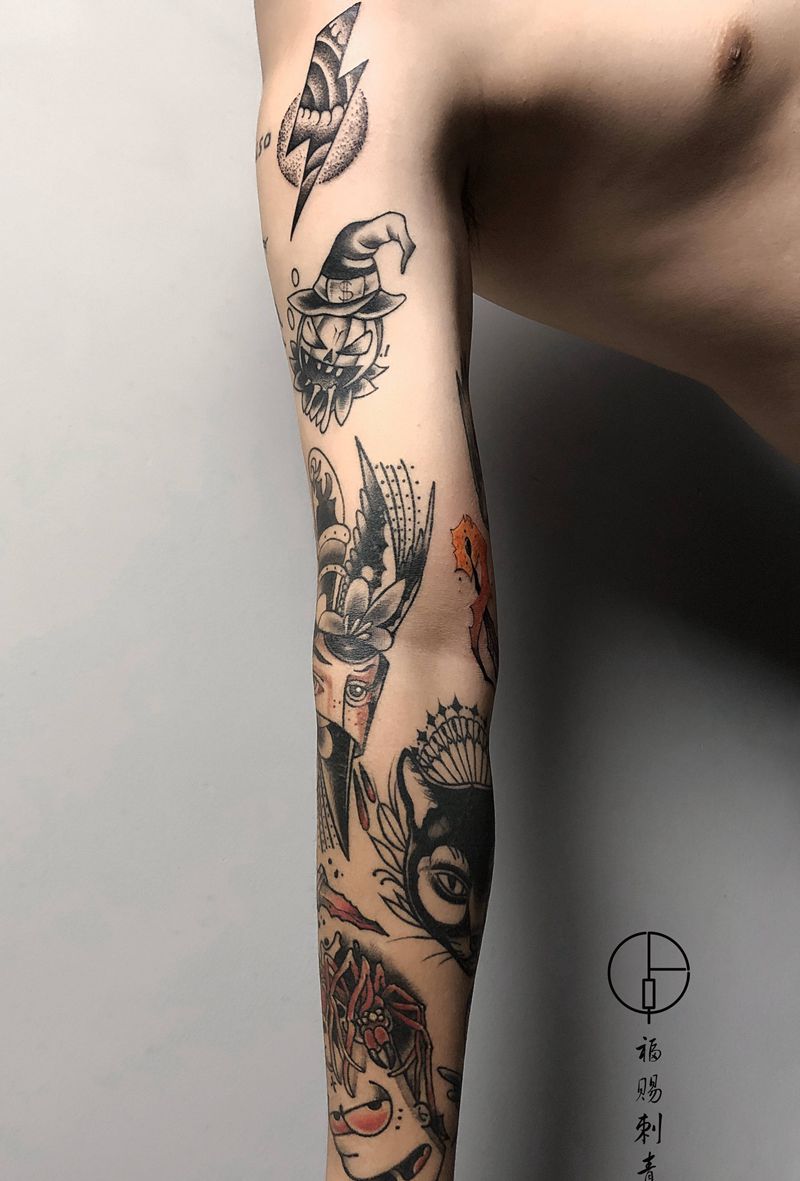 拼花臂纹身图片_手臂手部Old SchoolNew School纹身图案