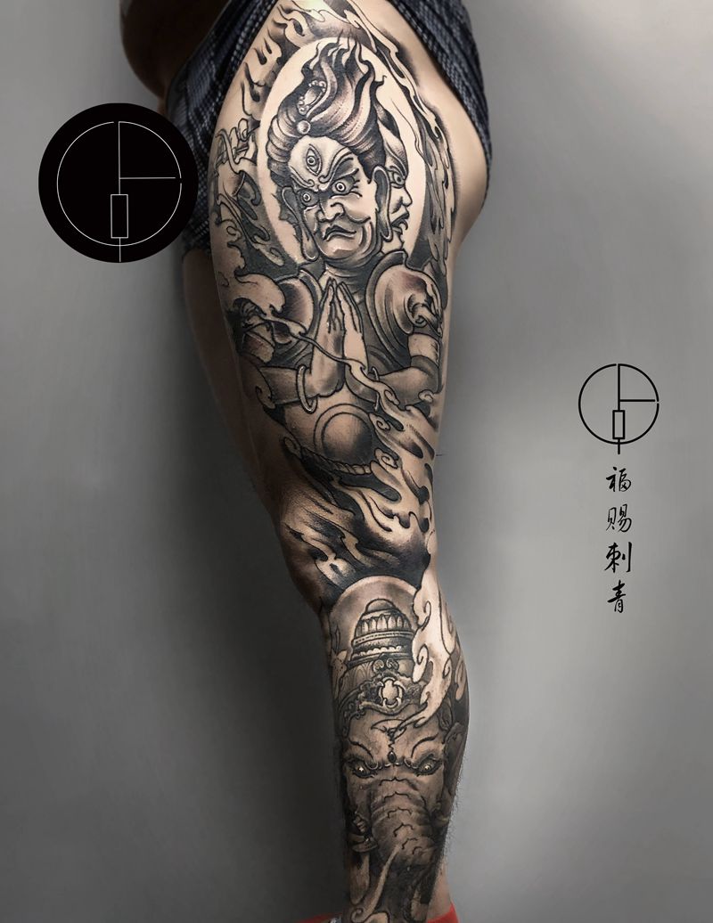传统花腿纹身图片_脚部腿部老传统新传统纹身图案