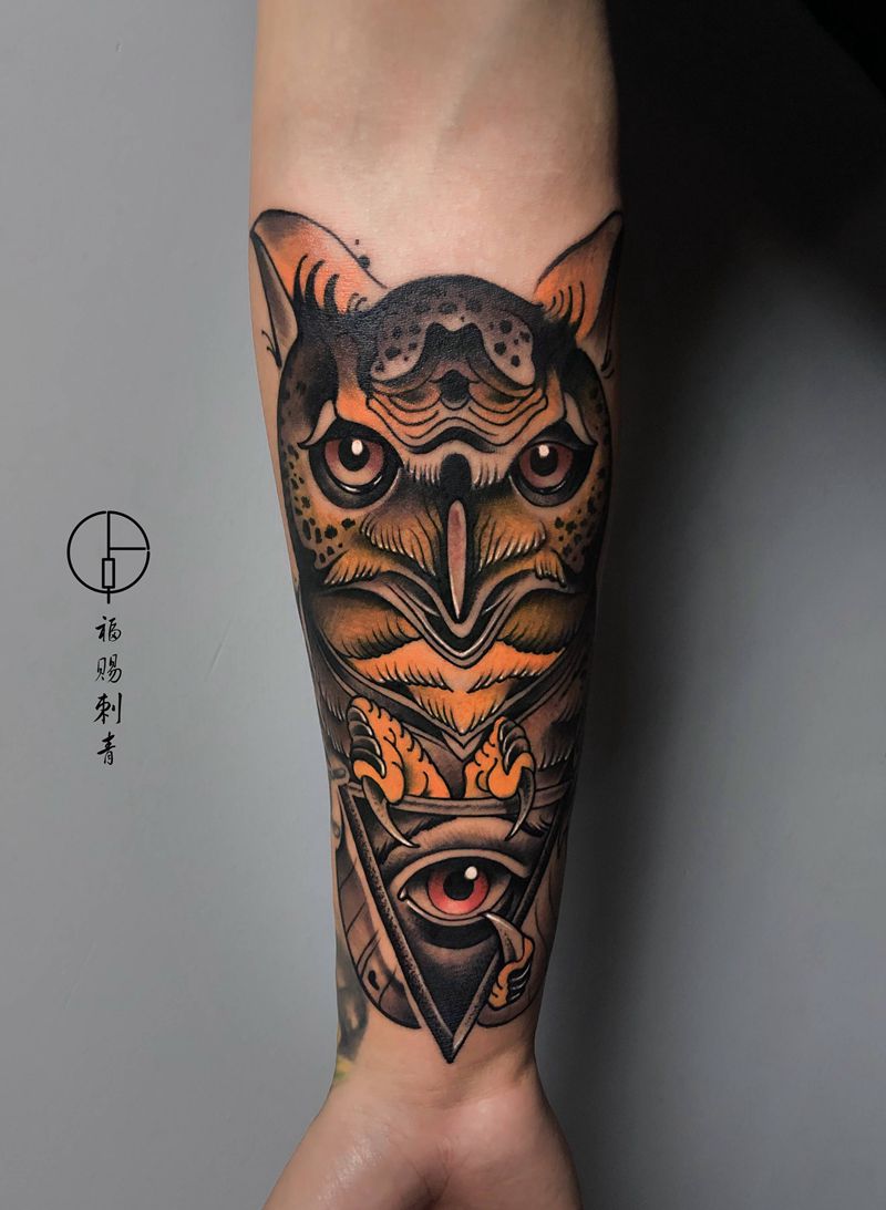 猫头鹰纹身图片_腿部脚部New School新传统纹身图案