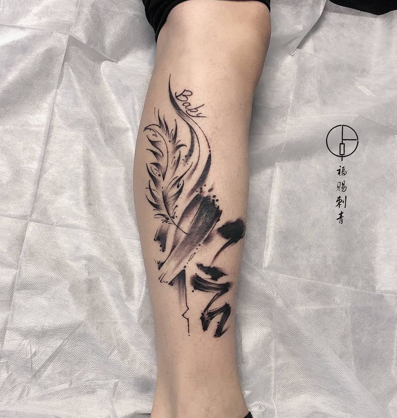 抽象书法纹身图片_脚部腿部水墨几何纹身图案