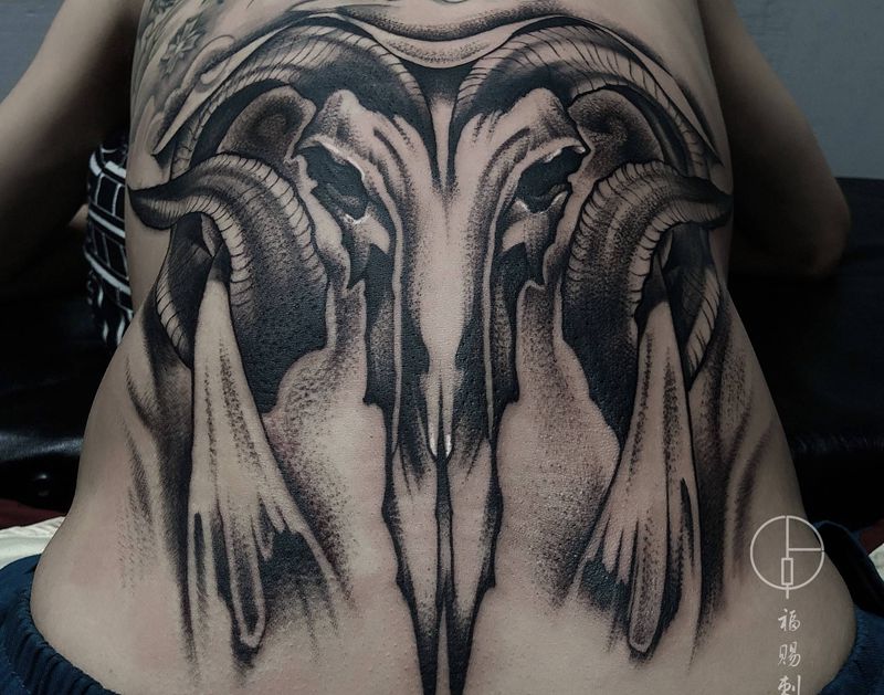 羊骨纹身图片_胸部背部欧美写实点刺纹身图案