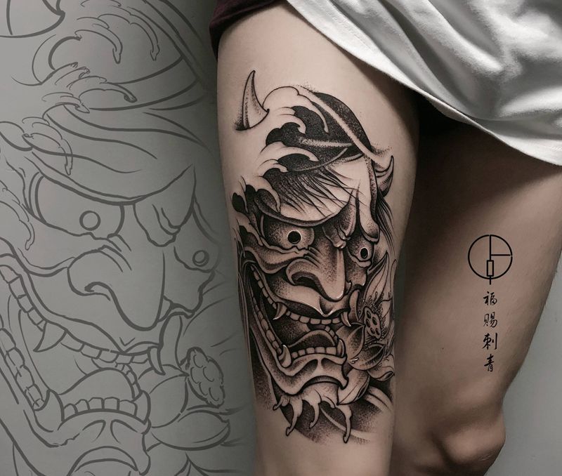 磨砂般若纹身图片_手臂腿部点刺老传统纹身图案