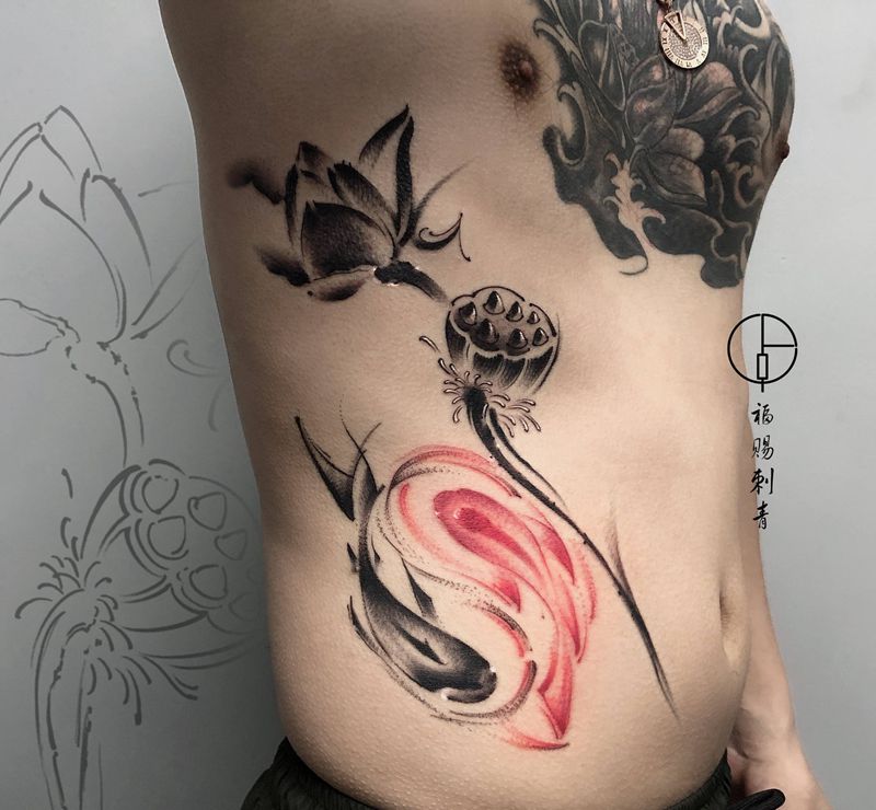 情侣纹身图片_背部腰部水墨水彩纹身图案