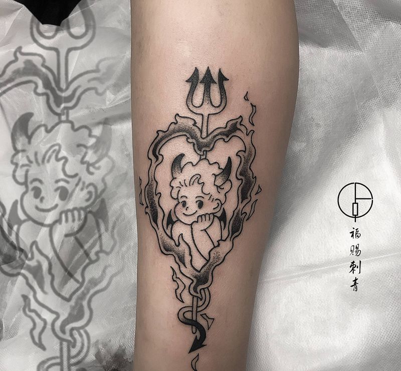 天使纹身图片_手臂腿部点刺Old School纹身图案