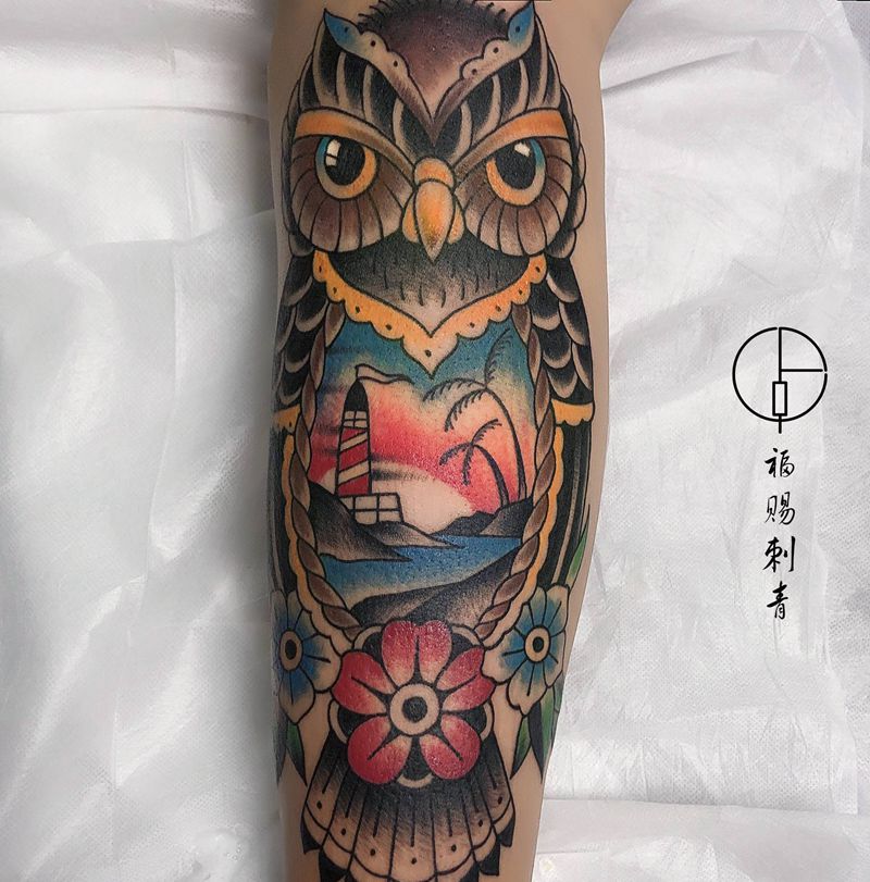 猫头鹰纹身图片_腿部手臂Old SchoolNew School纹身图案