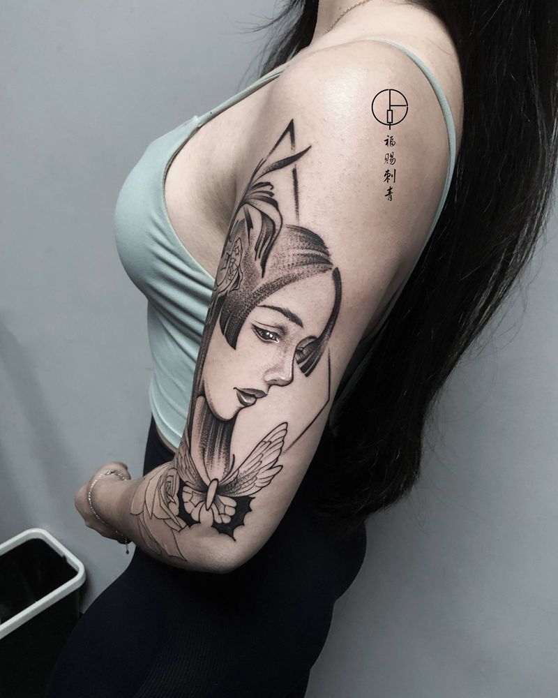 艺妓纹身图片_手臂手部新传统老传统纹身图案