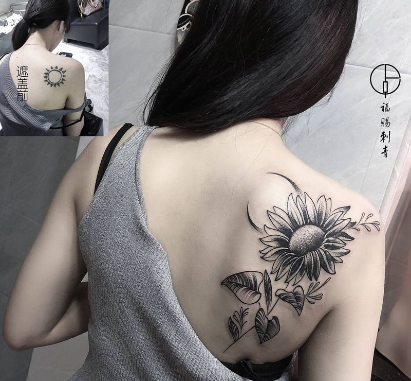 遮盖纹身图片_背部肩部点刺几何纹身图案