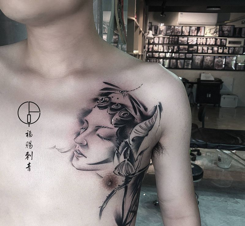 花旦纹身图片_手臂胸部新传统欧美写实纹身图案