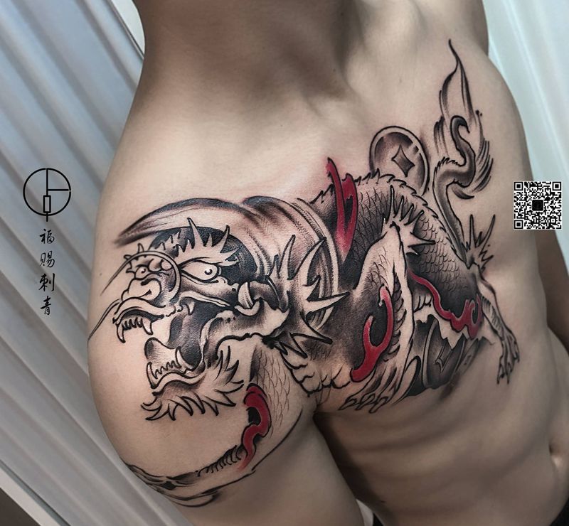 麒麟纹身图片_肩部胸部老传统新传统纹身图案