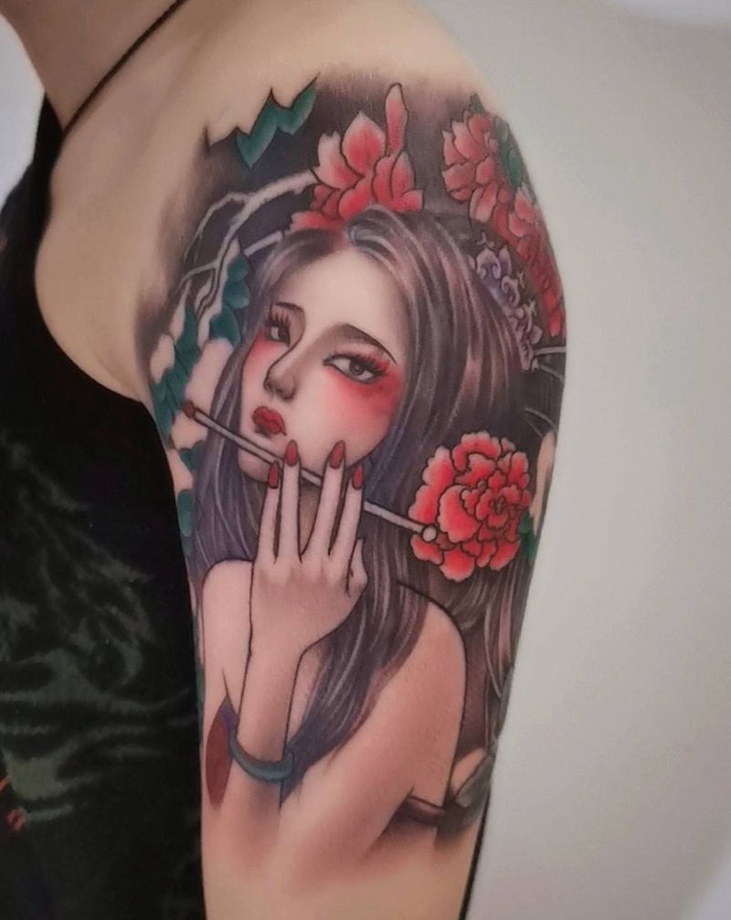 落雪纹身图片_手臂新传统纹身图案