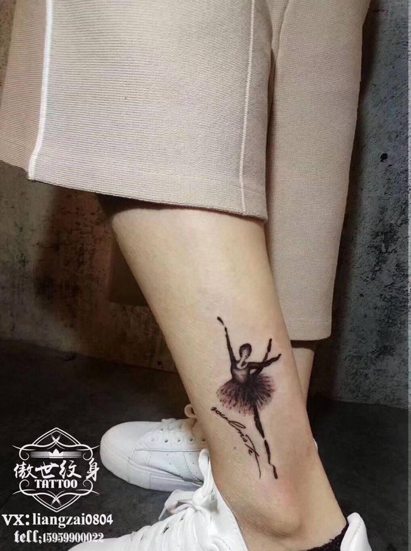 芭蕾纹身图片_腿部水墨纹身图案