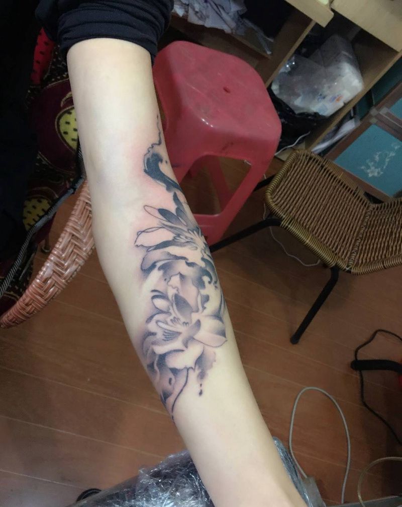 水默花纹身图片_成品手臂国画纹身图案