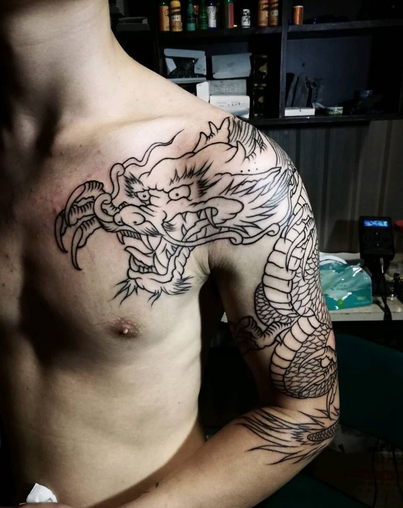 过肩龙线条，后面上色纹身图片