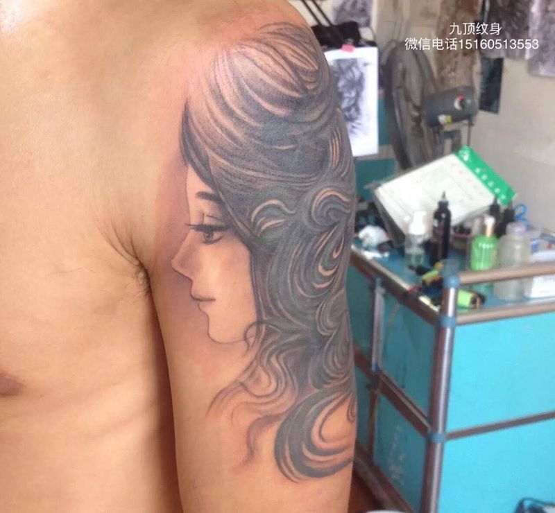 美女盖龙纹身图片_成品手臂肖像人物原创纹身图案