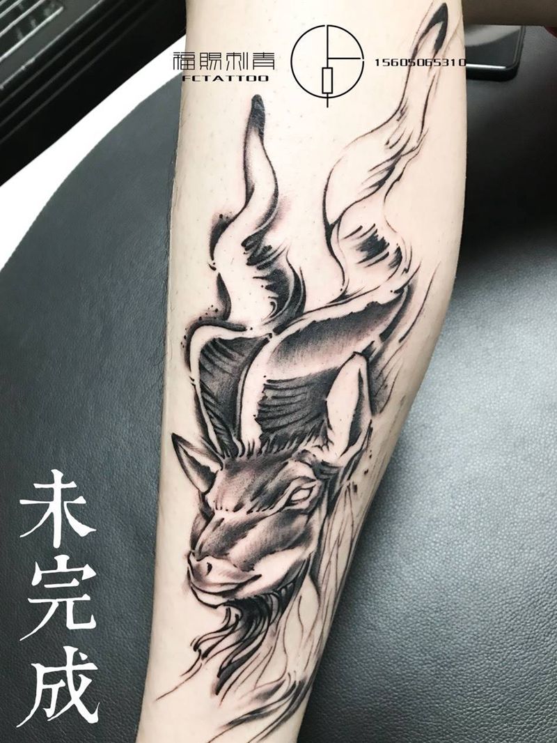 国风羊头纹身图片