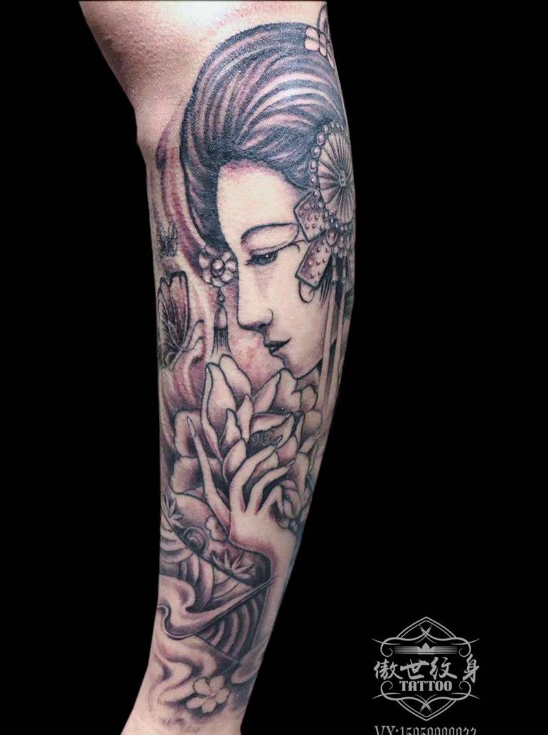 艺妓纹身图片_腿部新传统纹身图案
