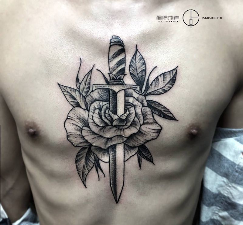 匕首玫瑰纹身图片