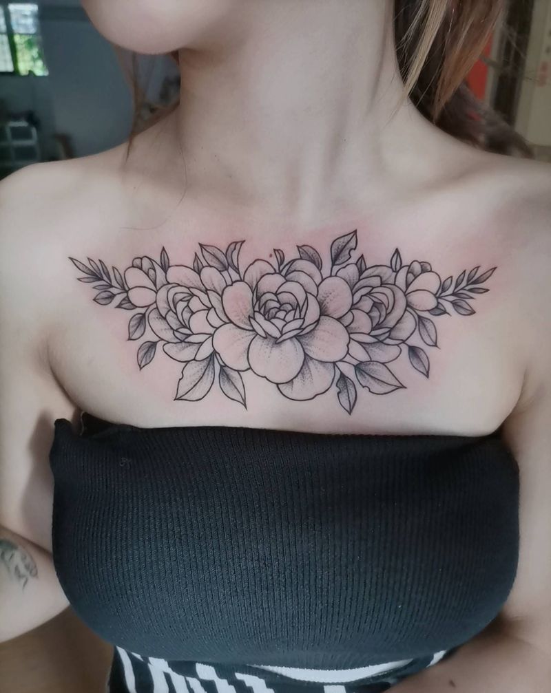 女神素花纹身图片_胸部水墨点刺纹身图案