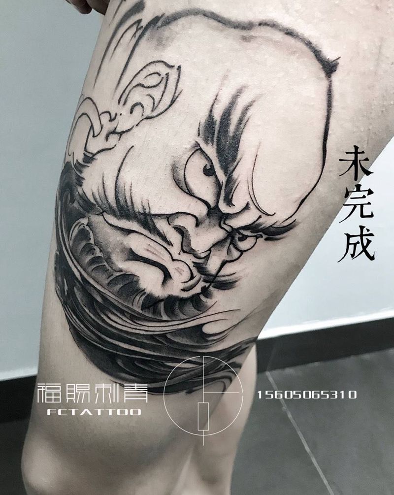 大腿写意人物纹身图片_国画传统人物腿部成品纹身图案