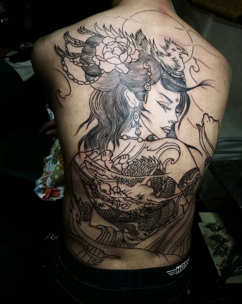 满背艺妓效果纹身图片