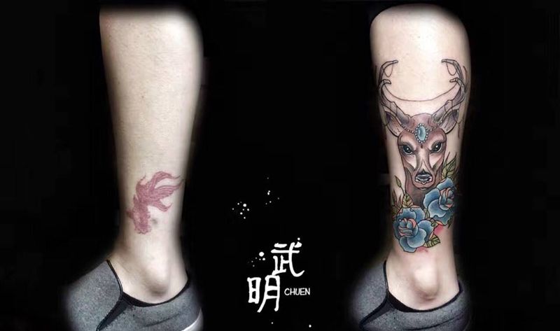 鹿头遮盖纹身图片
