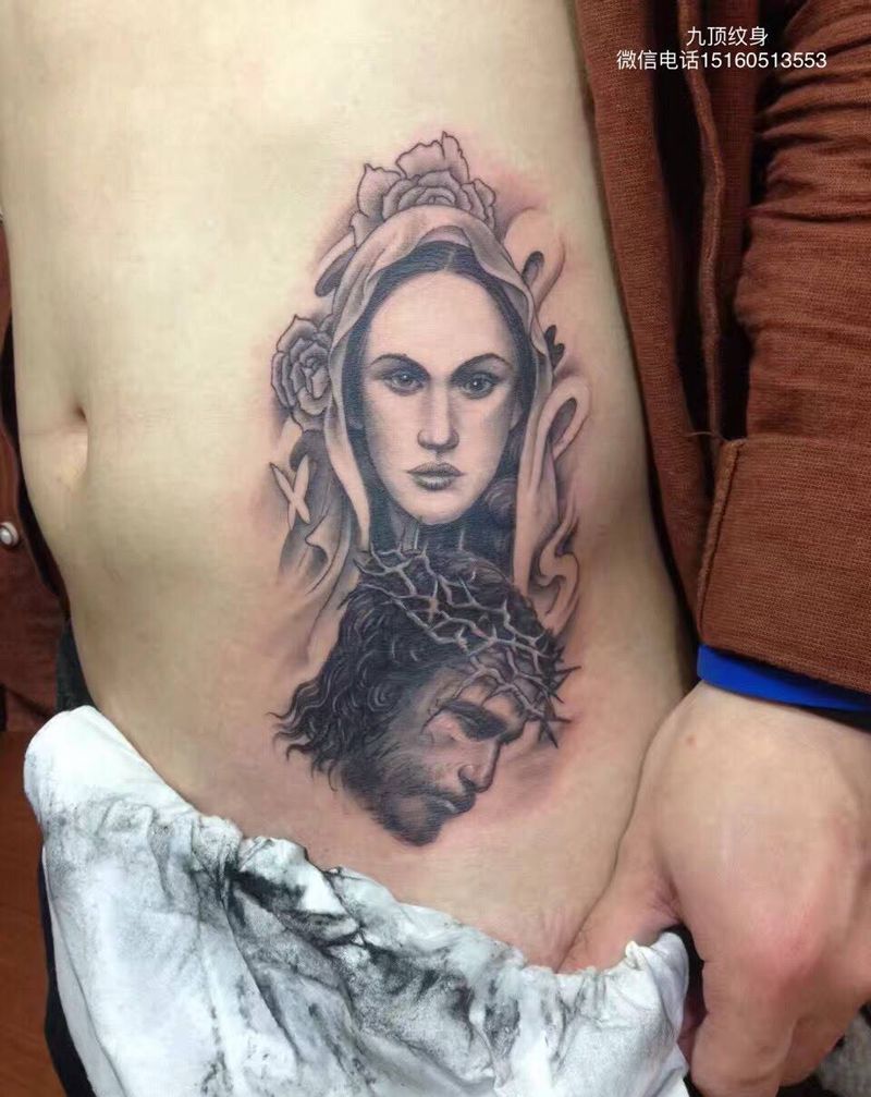 母爱纹身图片_成品腹部欧美肖像人物原创写实纹身图案
