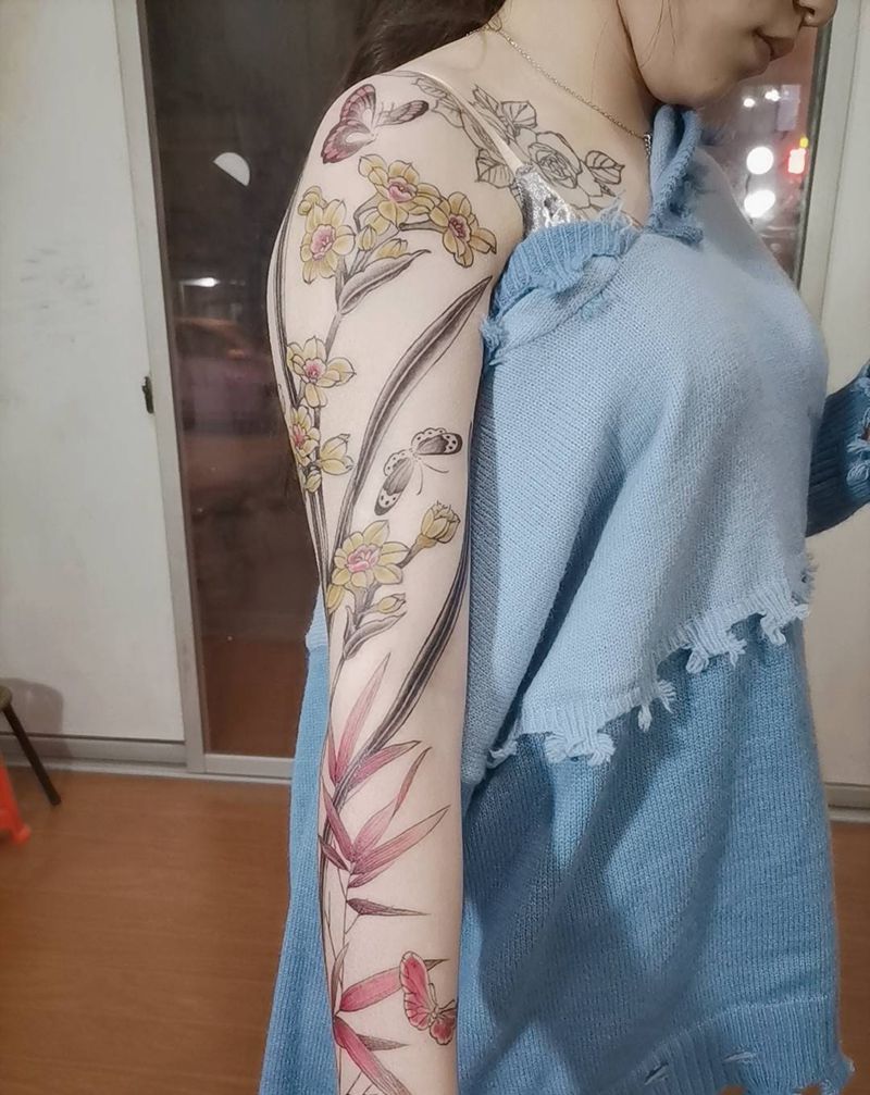 水仙纹身图片_手臂新传统纹身图案