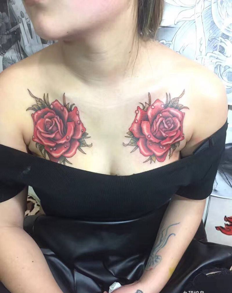 二花纹身图片_成品胸部欧美植物纹身图案