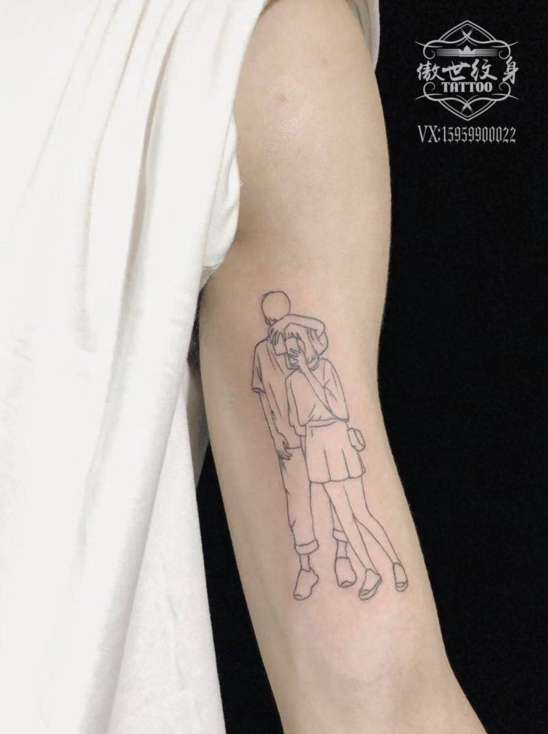 情侣轮廓线纹身图片_手臂纹身图案