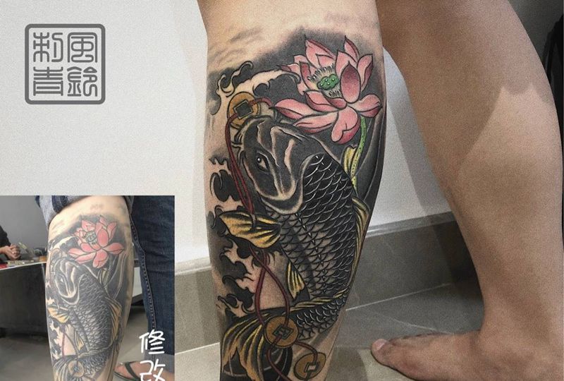 修改鲤鱼纹身图片_腿部脚部老传统鲤鱼荷花修改纹身图案