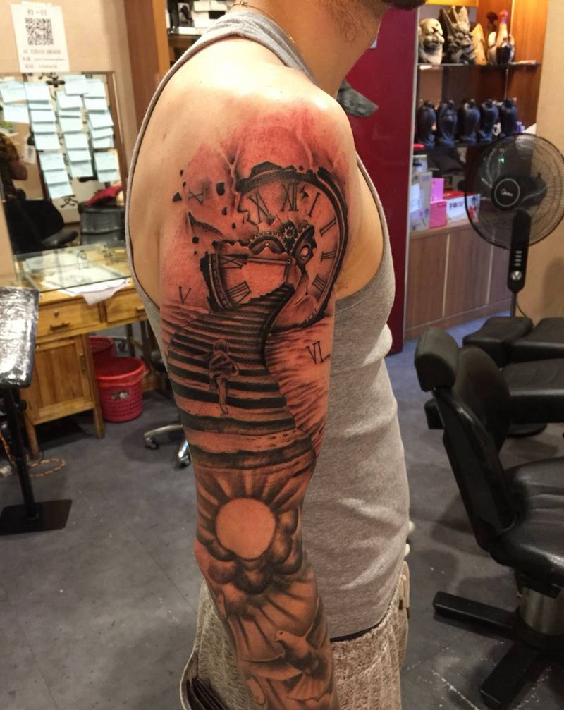 时光阶梯纹身图片_成品手臂欧美静物纹身图案