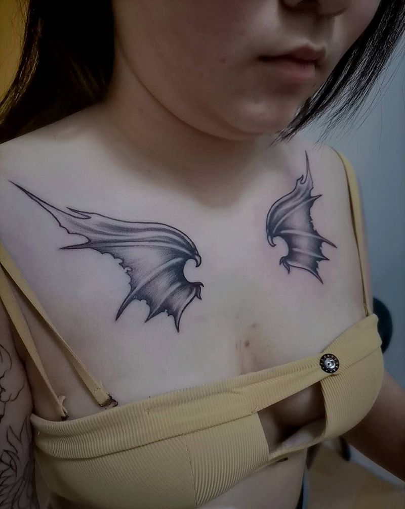 小翅膀纹身图片_胸部新传统纹身图案